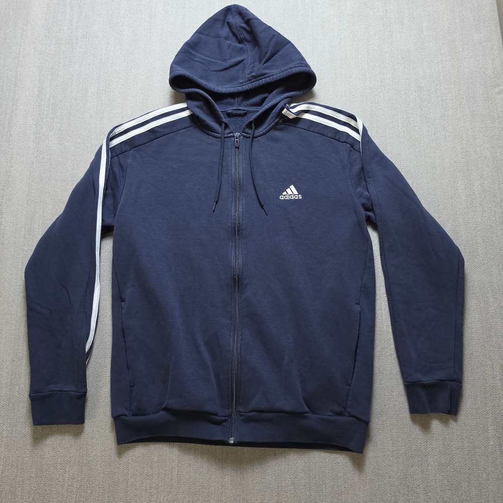 Adidas Full Zip Hoodie Mens L Navy Blue 3-Stripe Fleece Jacket